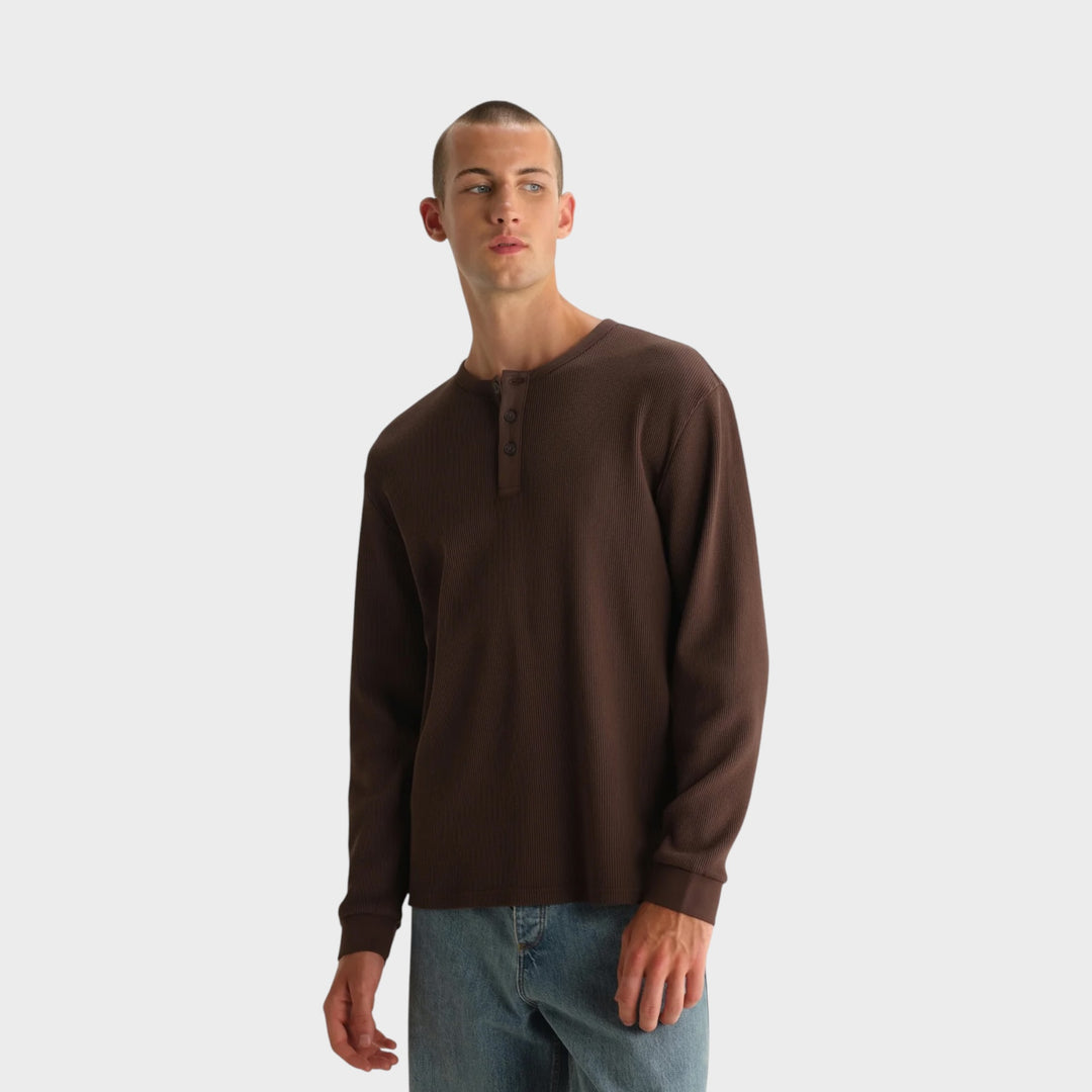 Wax London Cable Henley Waffle L/S I Dark Brown