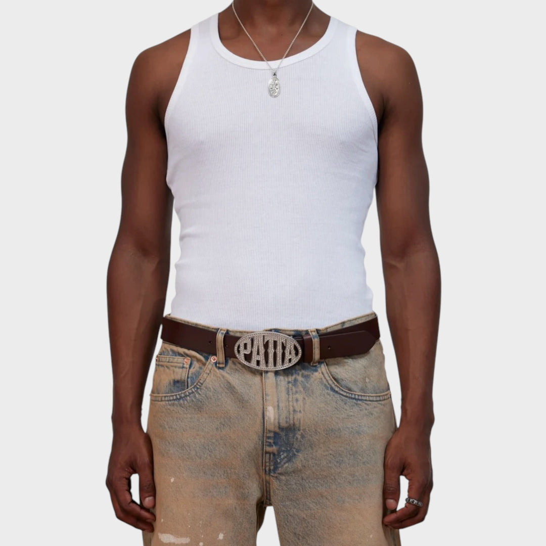 Patta Rhinestone Round Logo Belt I Brown