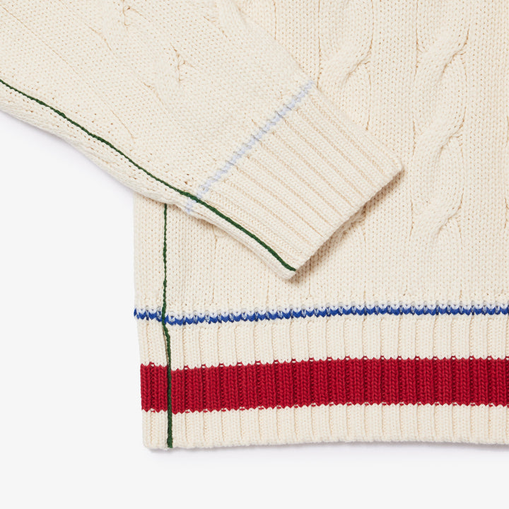 Lacoste Cable Knit V-Neck in Cream/Red