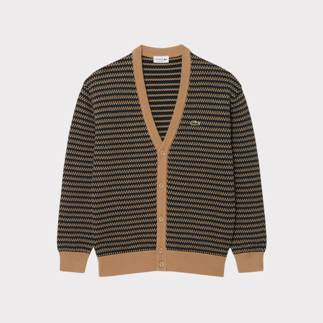 Lacoste Relaxed Fit Striped Cotton Cardigan I Marron