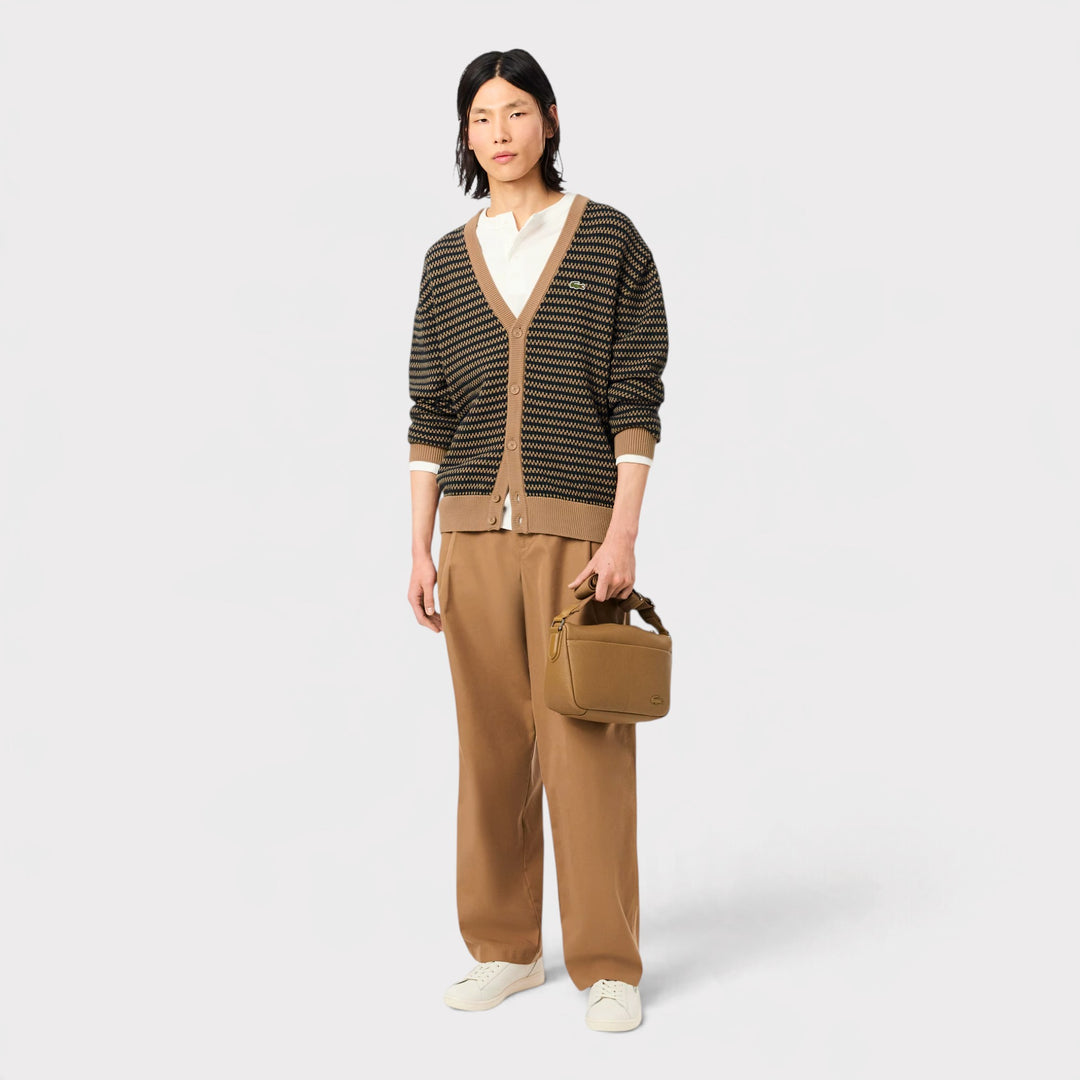 Lacoste Relaxed Fit Striped Cotton Cardigan I Marron