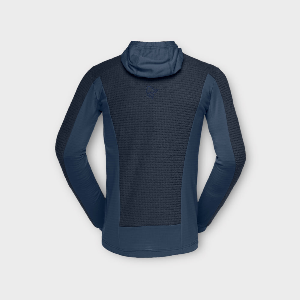 Norrøna Falketind Alpha120 Zip Hood i navy, ideel til vandreture og klatring, med fuld lynlås for nem ventilation og lynlåslommer til opbevaring.