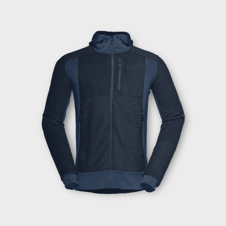 Norrøna Falketind Alpha120 Zip Hood i navy, en let og varm hættejakke designet til udendørs eventyr med strækbart materiale og tætsiddende hætte.