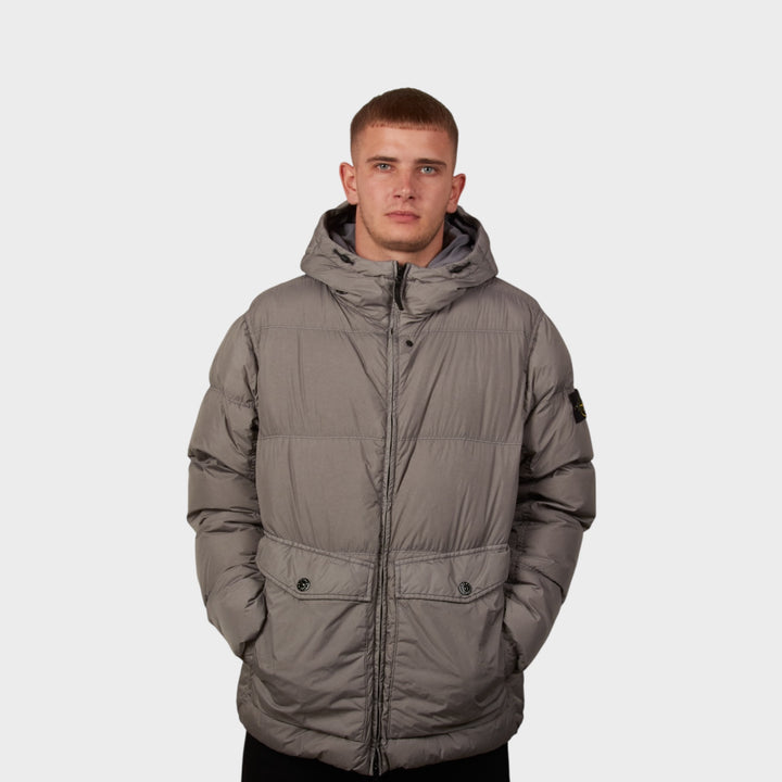 Stone Island Garment Crinkle Reps Down Hooded Jacket In Grey