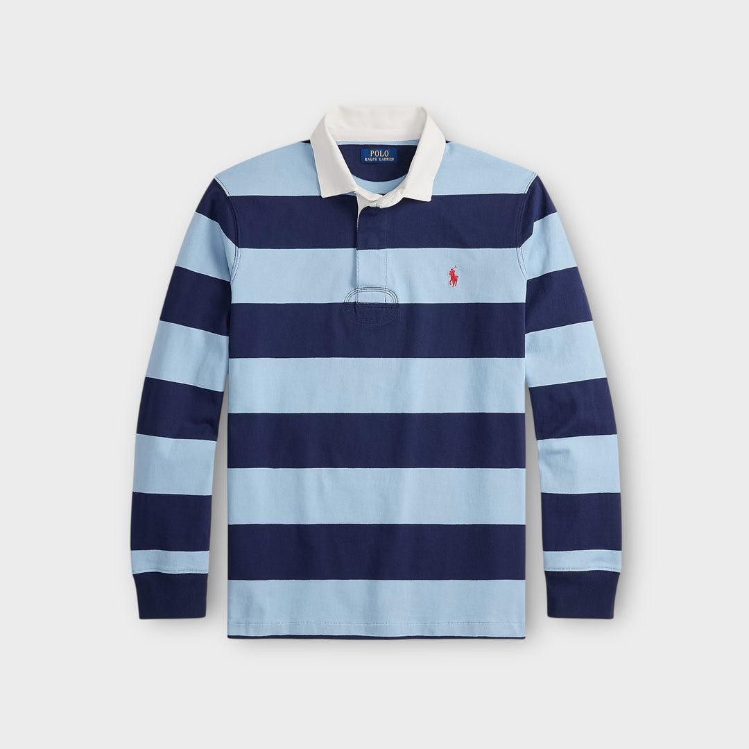 blå og navy rugby polo fra ralph lauren med klassisk pasform set forfra