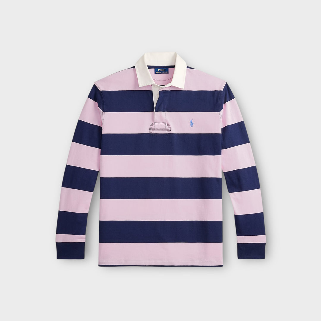 pink og navy rugby polo fra ralph lauren med klassisk pasform set forfra