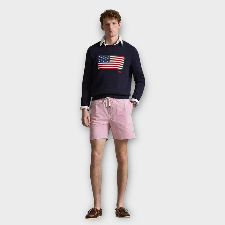badebukser i pink stripe med elastisk talje og afslappet pasform