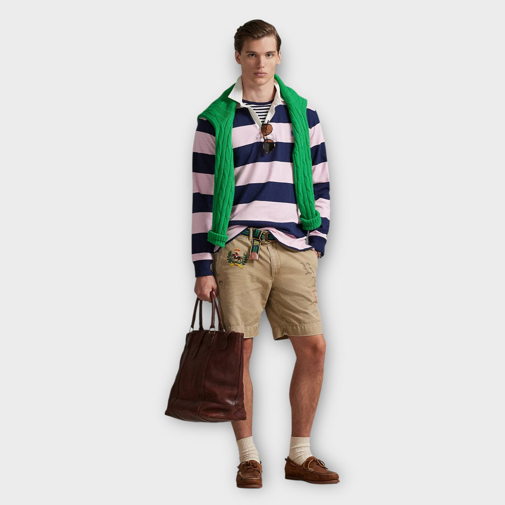 klassisk rugby trøje i pink og navy med kontrastkrave og knaplukning