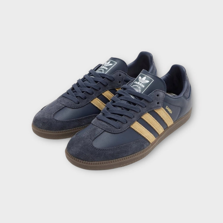 Blå og guld Adidas Samba OG sko med gummisål
