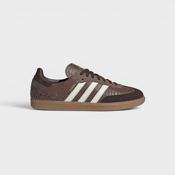 Adidas Samba OG i Snake/Brown med slangeskindsdetaljer.