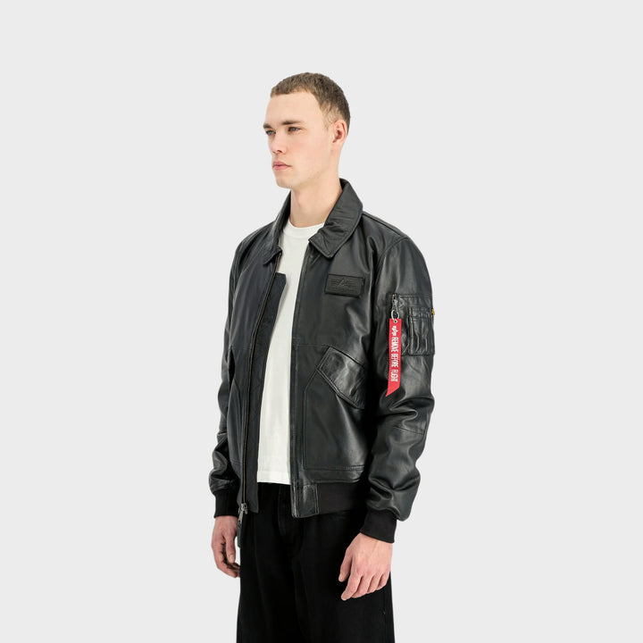 Alpha Industries sort læder bomberjakke med utility-lomme
