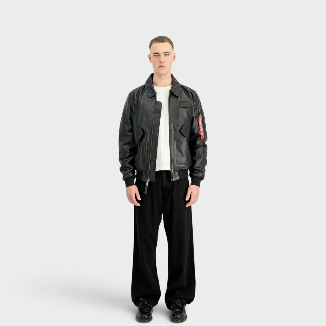 Alpha Industries sort bomberjakke i 100% ægte læder