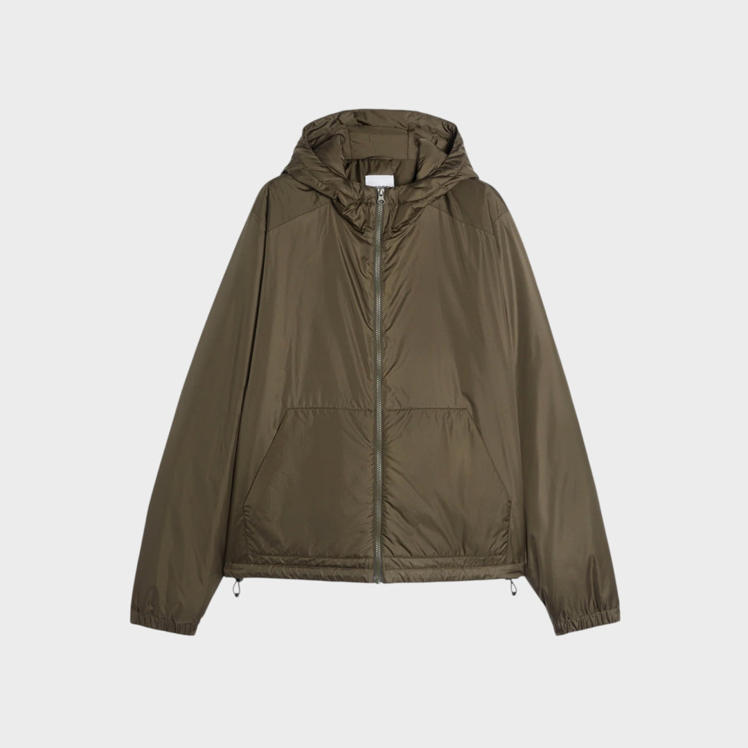 Aspesi padded Nylon Jakke i Olive, set forfra med hætte og lynlås
