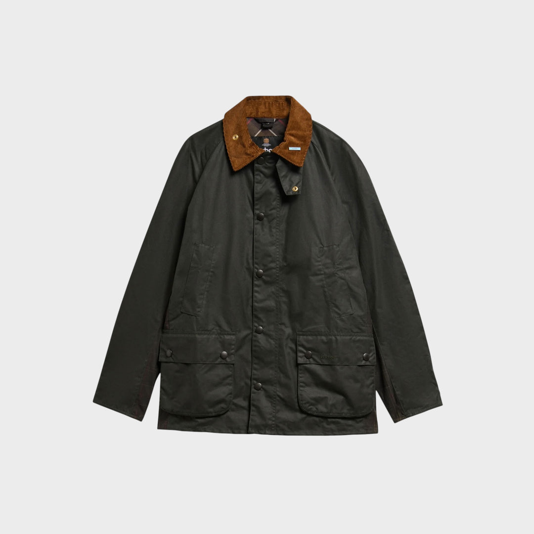 Barbour Icons Ashby Wax Jakke i Sage set forfra med brun fløjlskrave