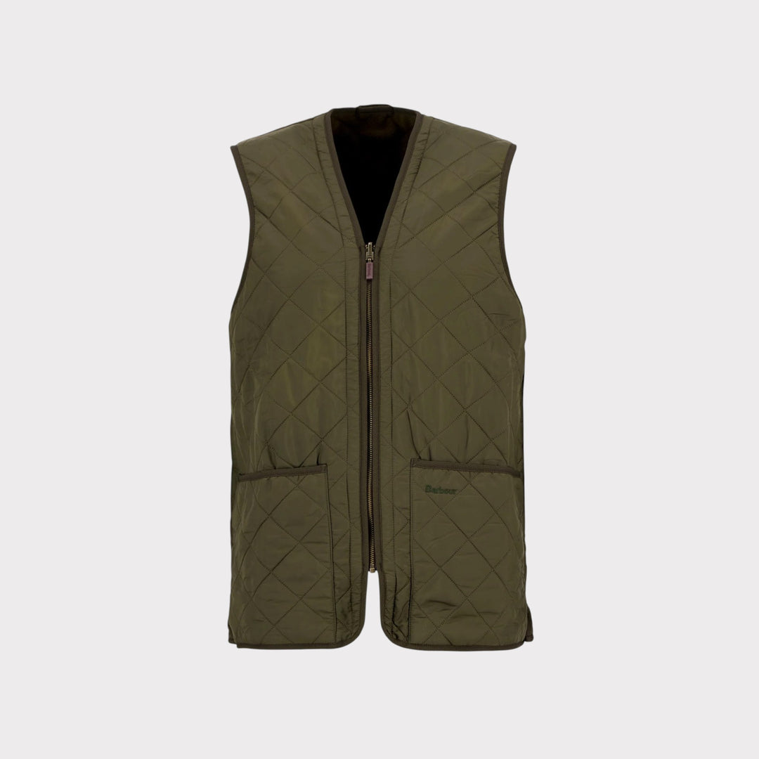 Barbour Polarquilt Zip-In Liner i Olive set forfra med diamantquilt og patchlommer