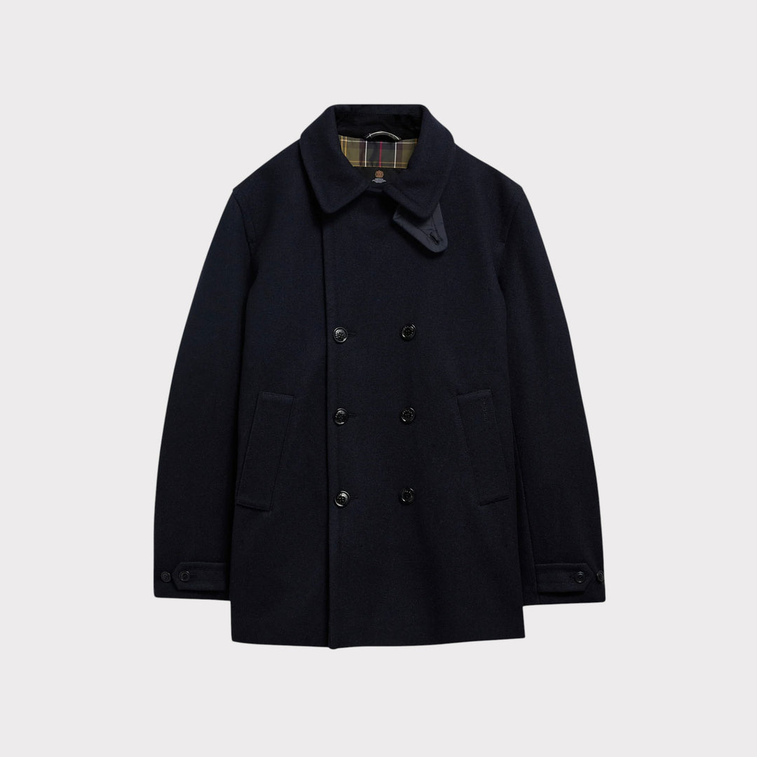Barbour Polzeath Wool Pea Frakke i Navy – set forfra med dobbeltradet knaplukning og brede revers
