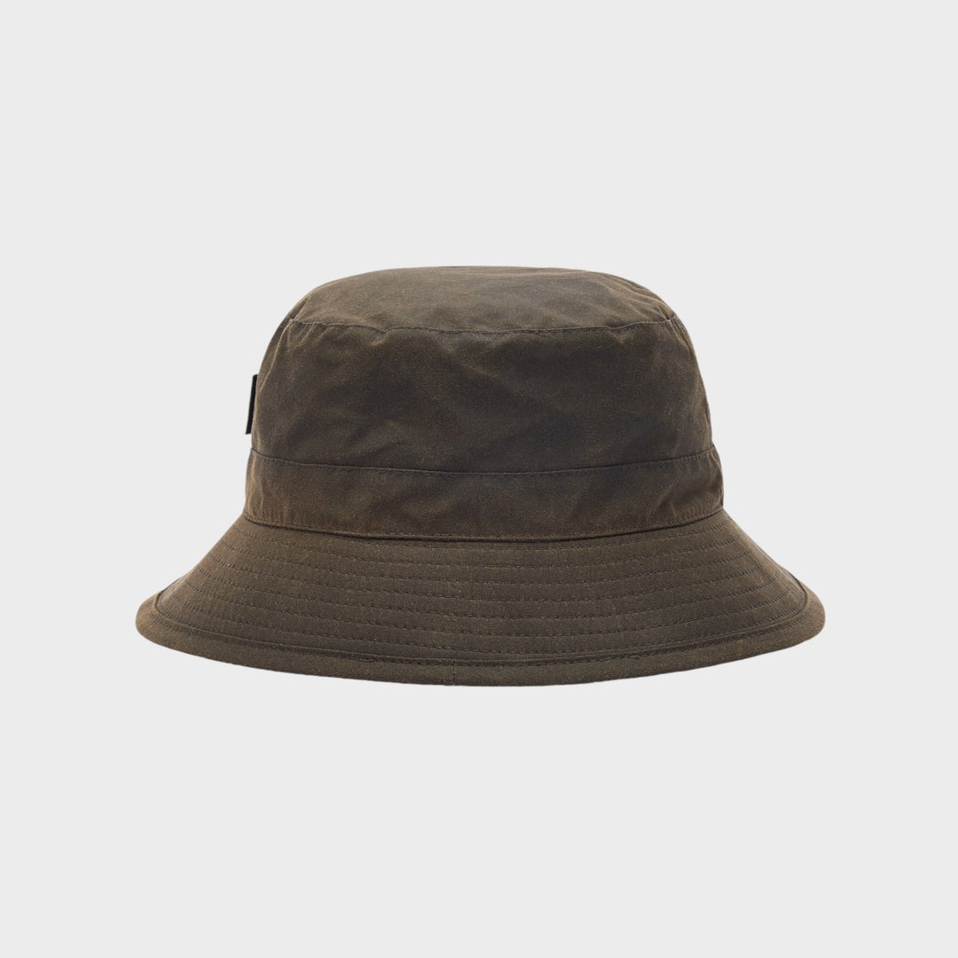 Barbour Wax Bucket Hat i Grøn set bagfra med voksbehandlet bomuld