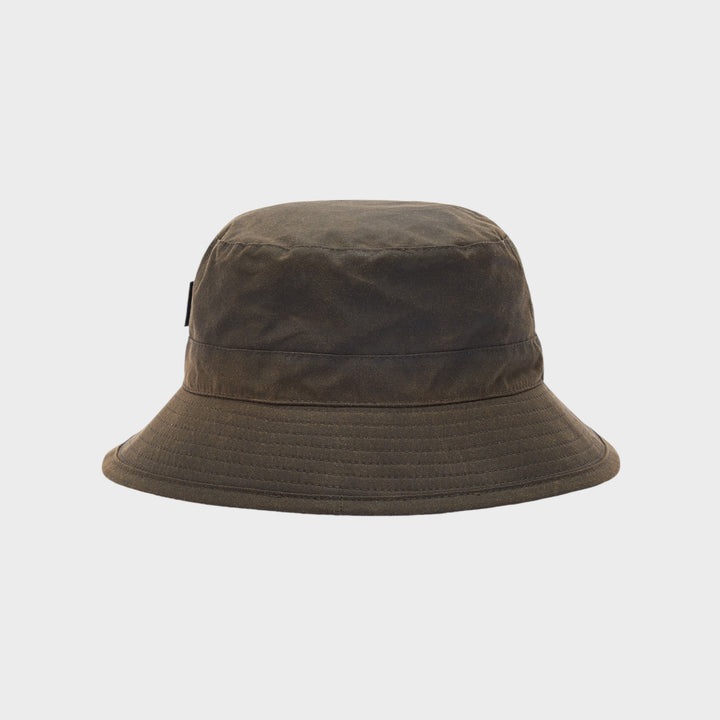 Barbour Wax Bucket Hat i Grøn set bagfra med voksbehandlet bomuld
