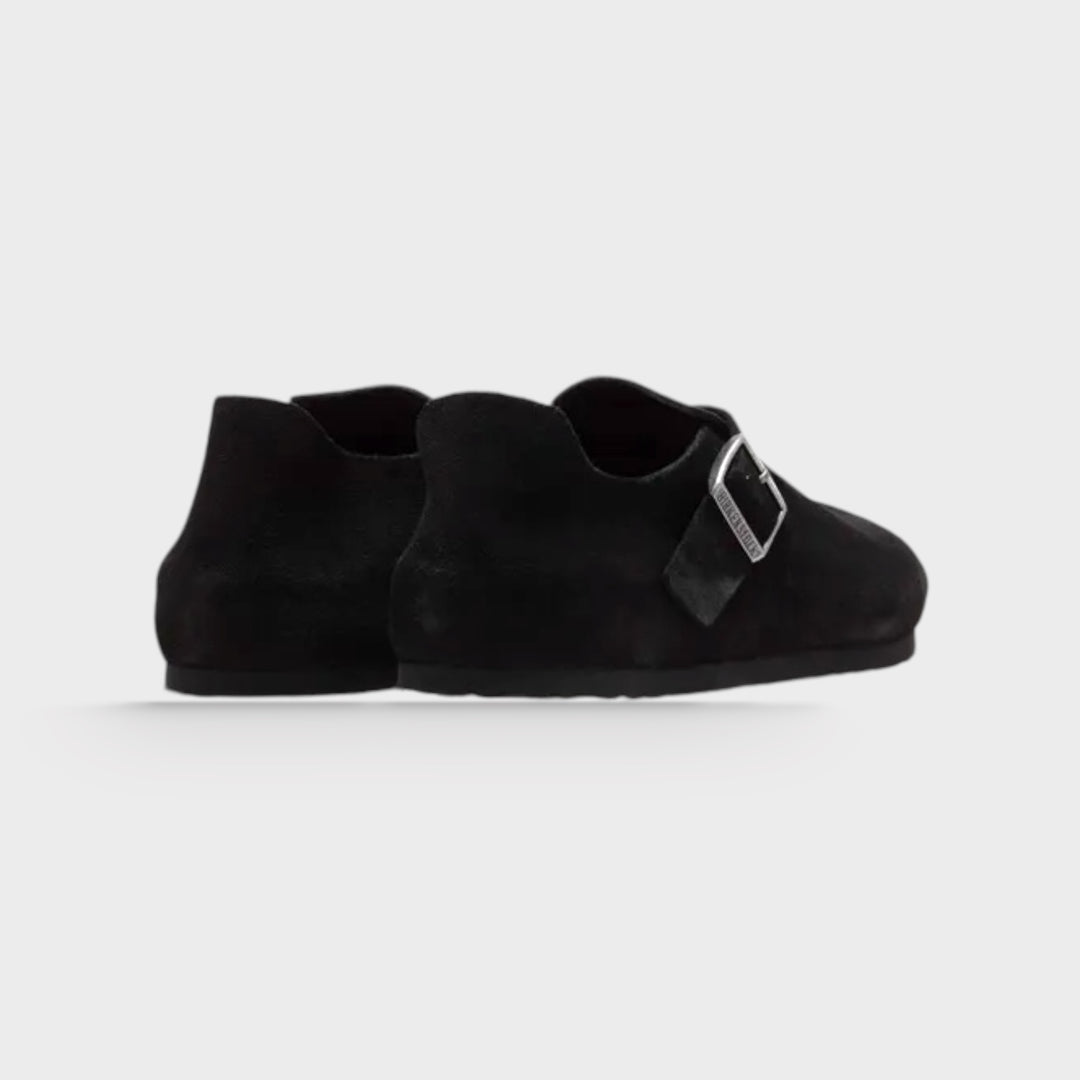 Birkenstock London Suede i sort med ruskindsoverflade og ikonisk fodstøttende sål