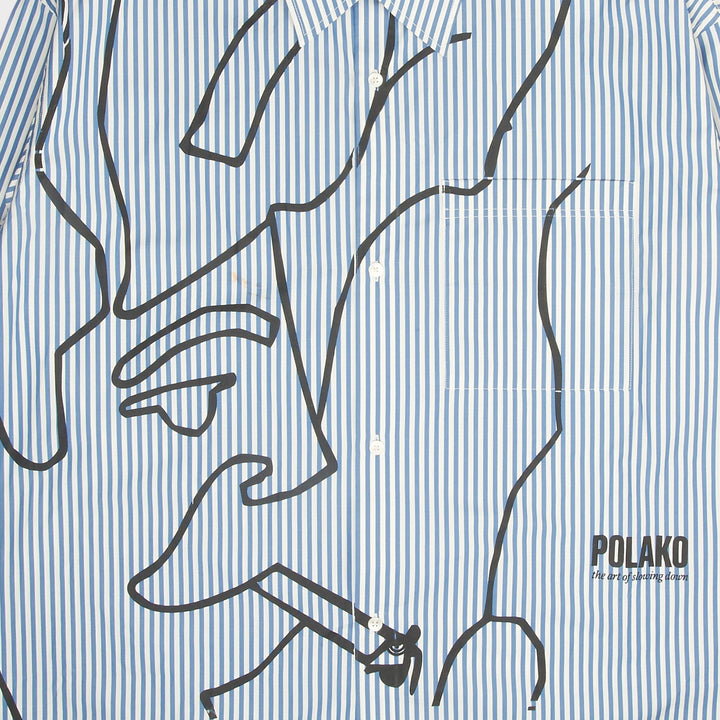 Cejf x Benny Brankovic BB Polin Skjorte i Blue Stripe, nærbillede af striber og Polako-print
