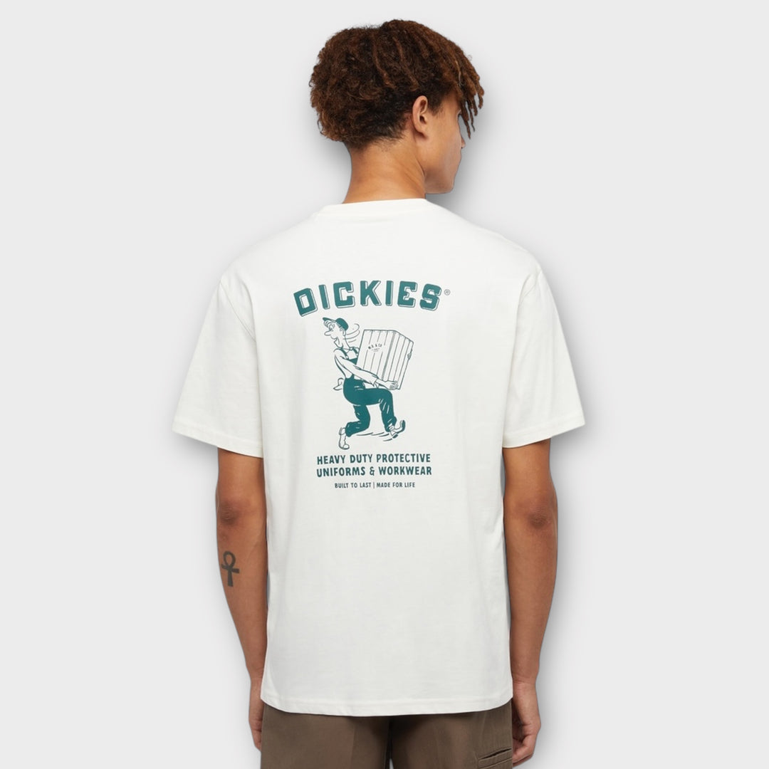 Bagvisning af Dickies Builder T-shirt i hvid, der viser det enkle, klassiske design og pasform.