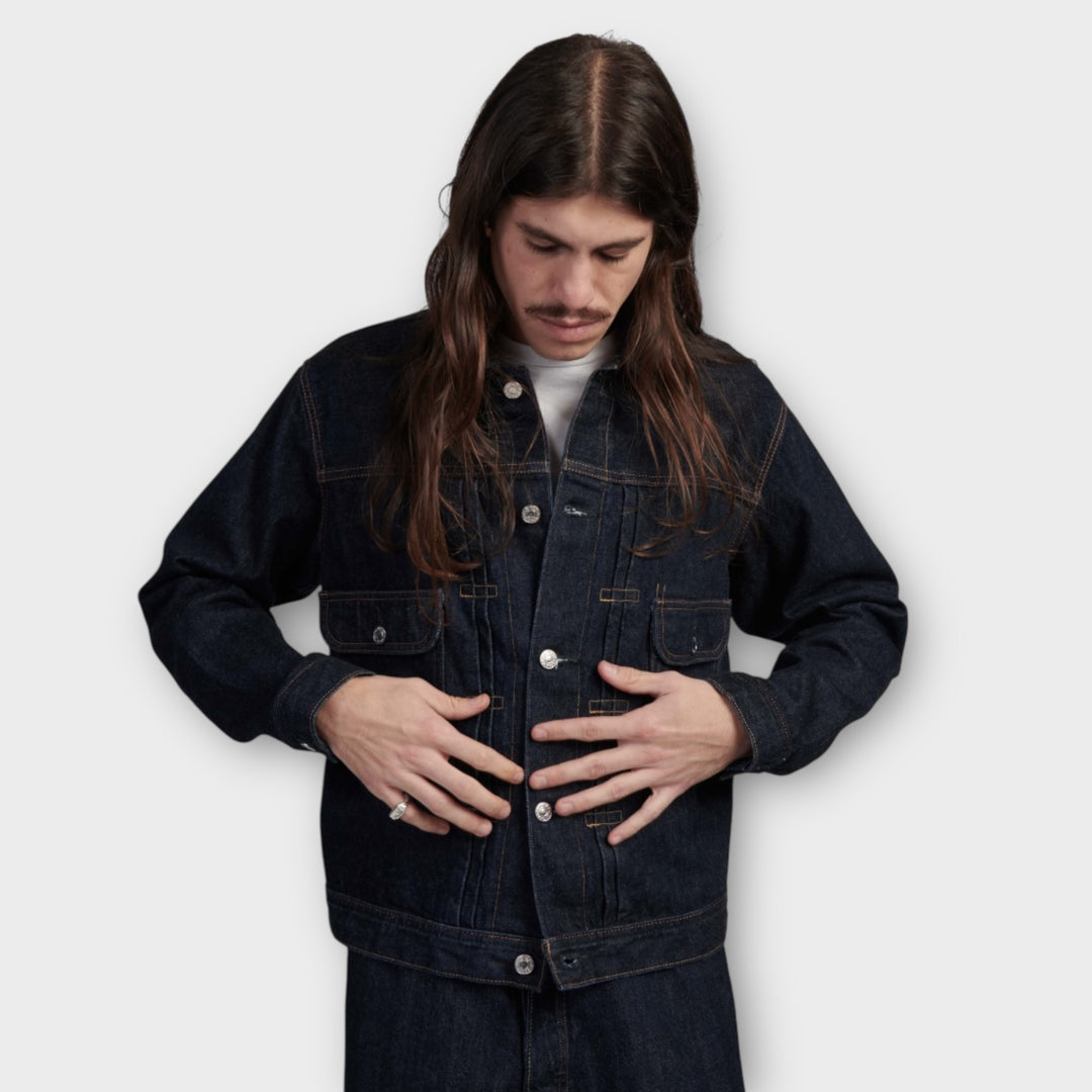 Edwin blå denimjakke med rinsed vask og streetwear stil