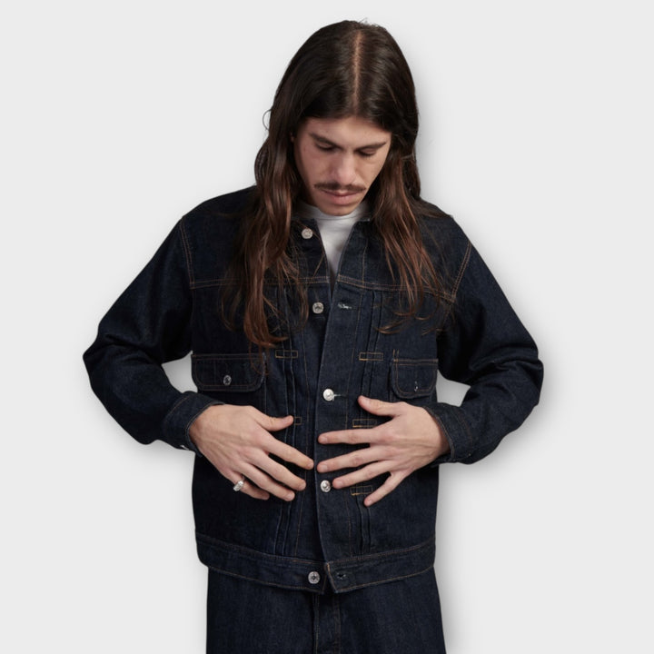 Edwin blå denimjakke med rinsed vask og streetwear stil