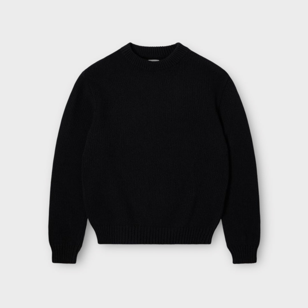 Edwin Ellis Sweater i Black/Baltic – stribet herrestrik i sort og blå.
