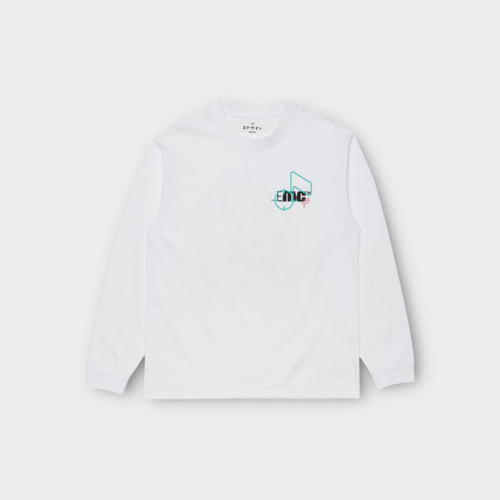 Detalje af Edwin EMC On Tour Longsleeve i hvid med print.