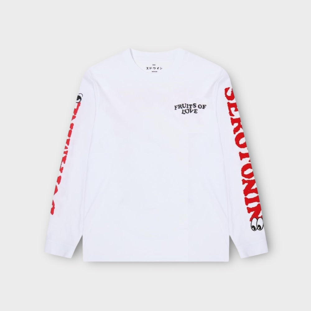 Bagside af Edwin Fruits Of Love Longsleeve i hvid med farverigt motiv og logo.