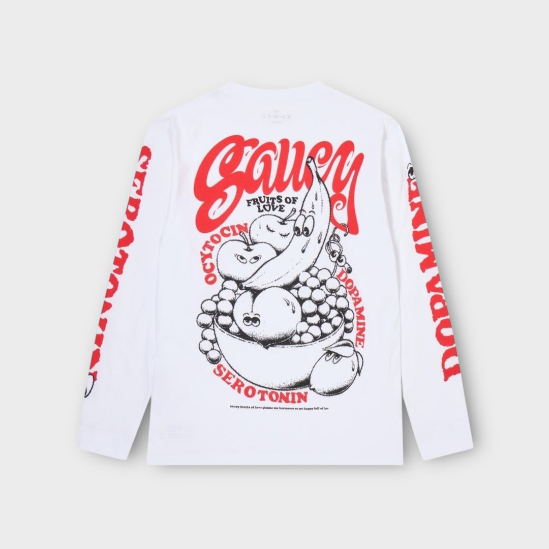 Edwin Fruits Of Love Longsleeve i hvid – langærmet T-shirt med grafisk print.