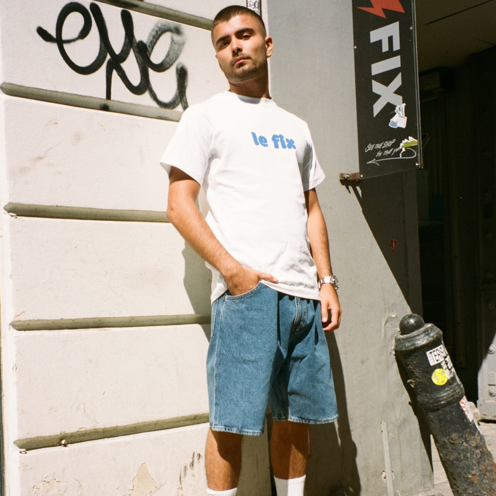 Front view af Edwin Tyrell washed blue denim shorts til herre