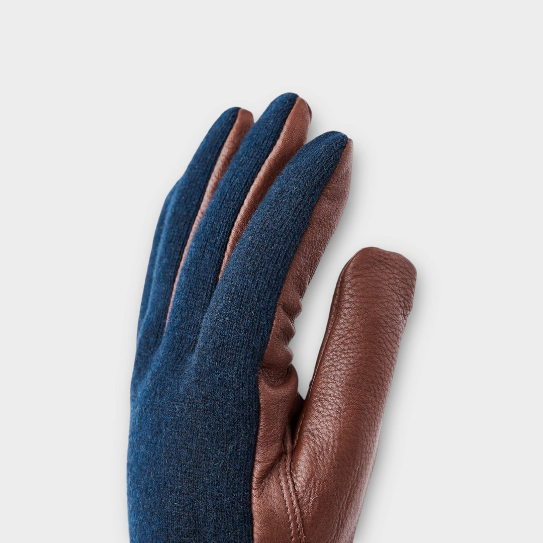 Hestra Deerskin Uld Tricot – Navy/Brun handske med blødt hjorteskind og uldfor