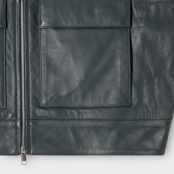 Edwin Dogma Leather Jacket In Dark Green