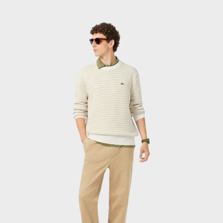 Lacoste Cotton Striped Sweater i Beige/Light Grey