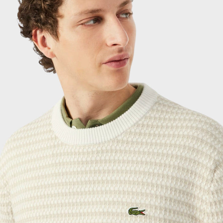 Lacoste Cotton Striped Sweater i Beige/Light Grey