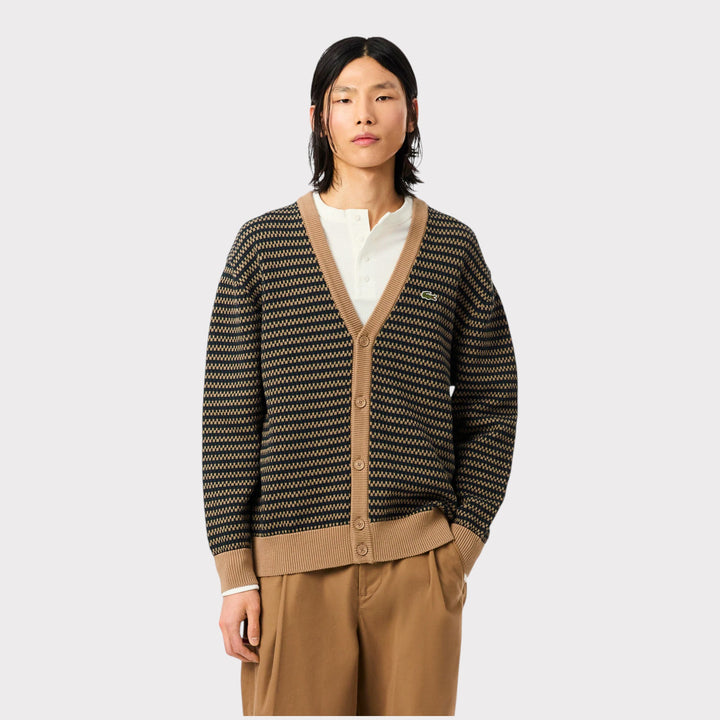 Lacoste Relaxed Fit Striped Cotton Cardigan i Marron