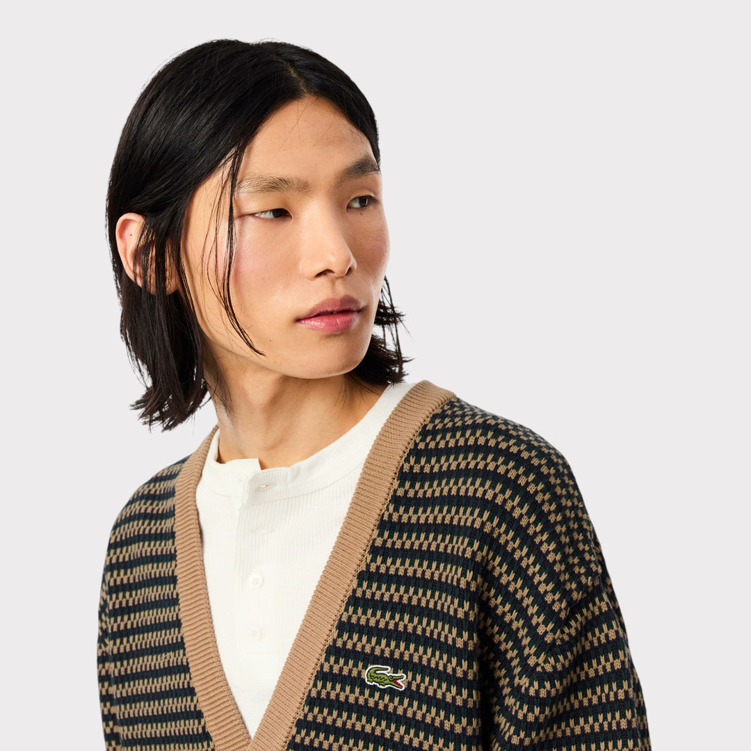Lacoste Relaxed Fit Striped Cotton Cardigan i Marron