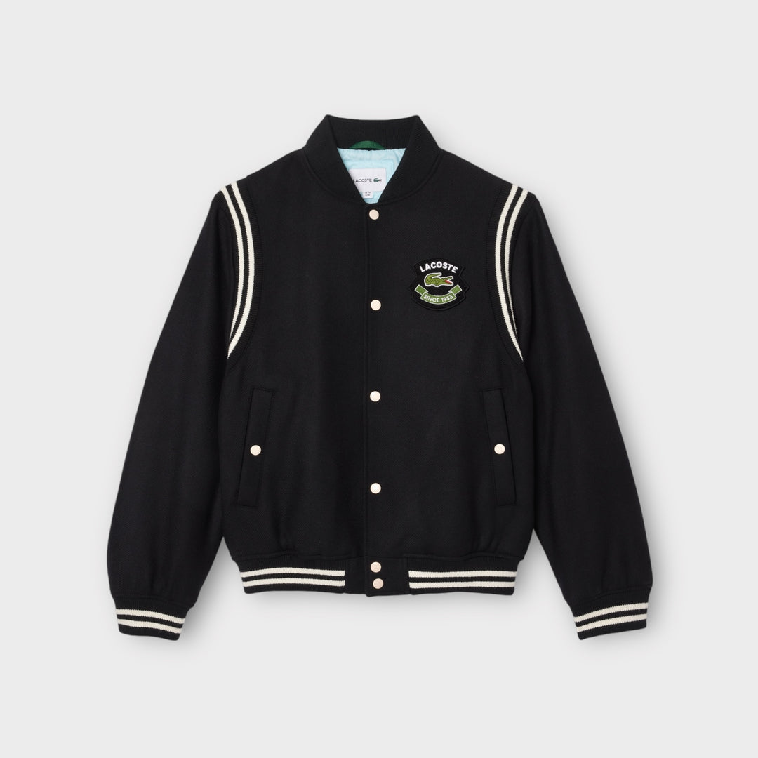 Lacoste Varsity Jakke i Uld med Contrast Badge i Sort - Moderne sportsjakke