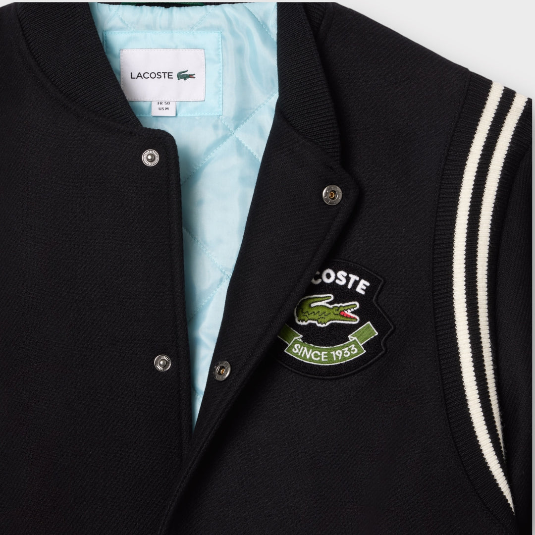 Lacoste Contrast Badge Varsity Jakke i Sort Uld - Klassisk jakke med badge