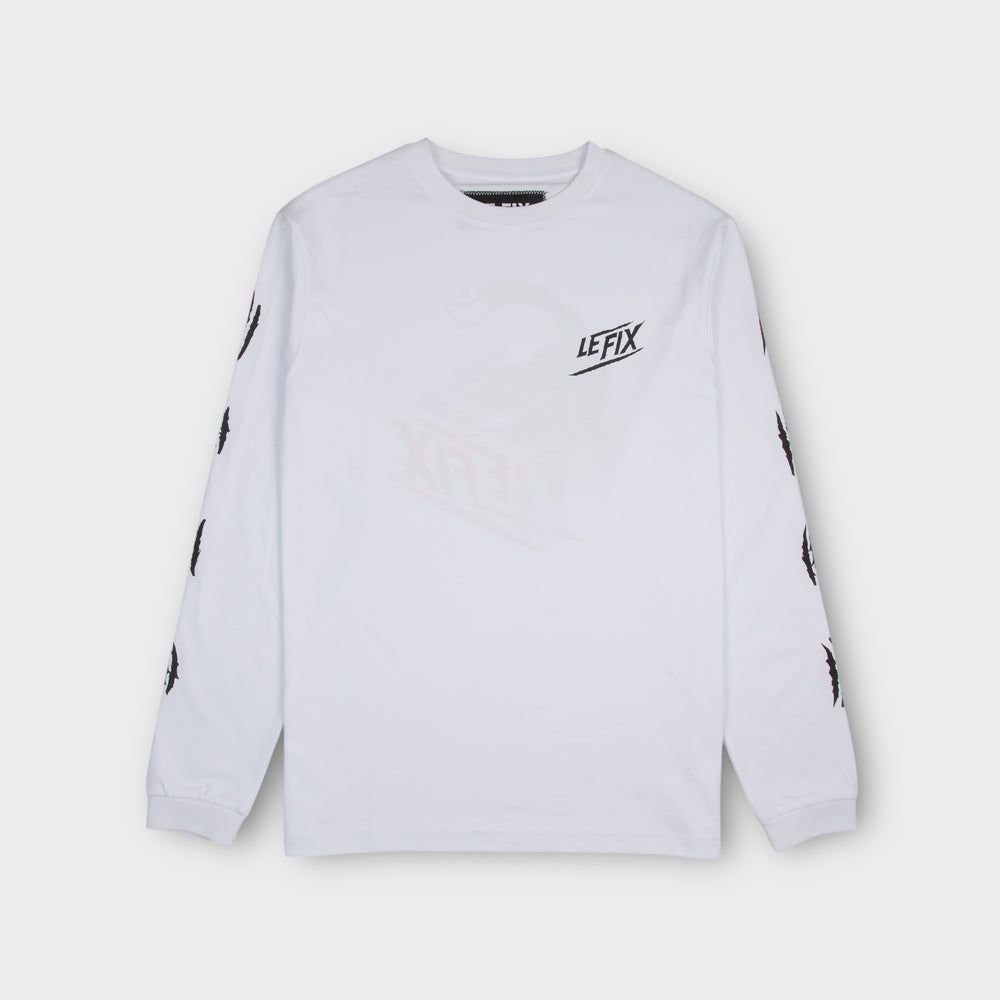 Hvid Le Fix Cat langærmet T-shirt set forfra med logo på brystet og klomærker på ærmerne.