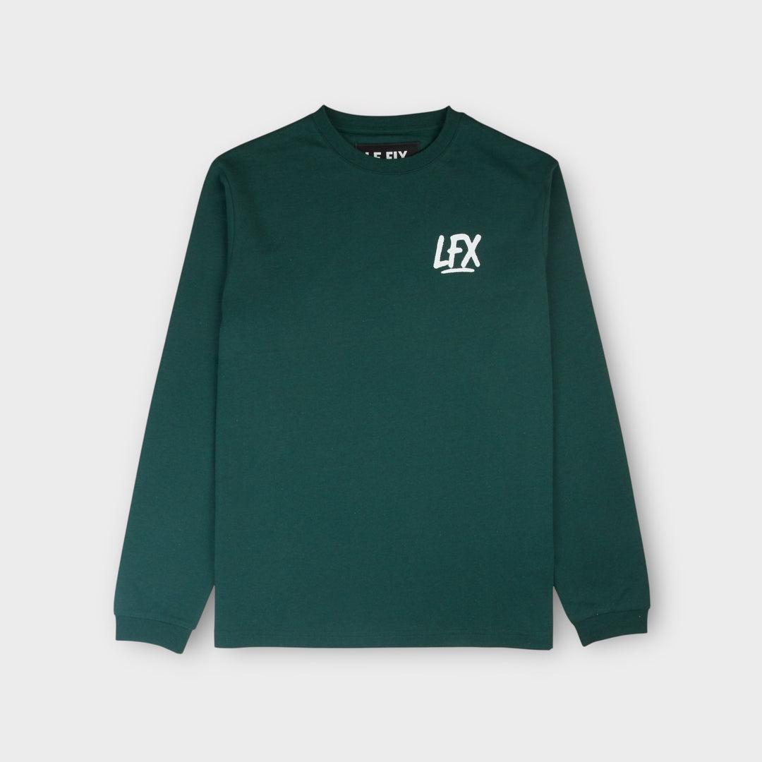 Grøn Le Fix LFX langærmet T-shirt set forfra med hvidt logo på brystet.
