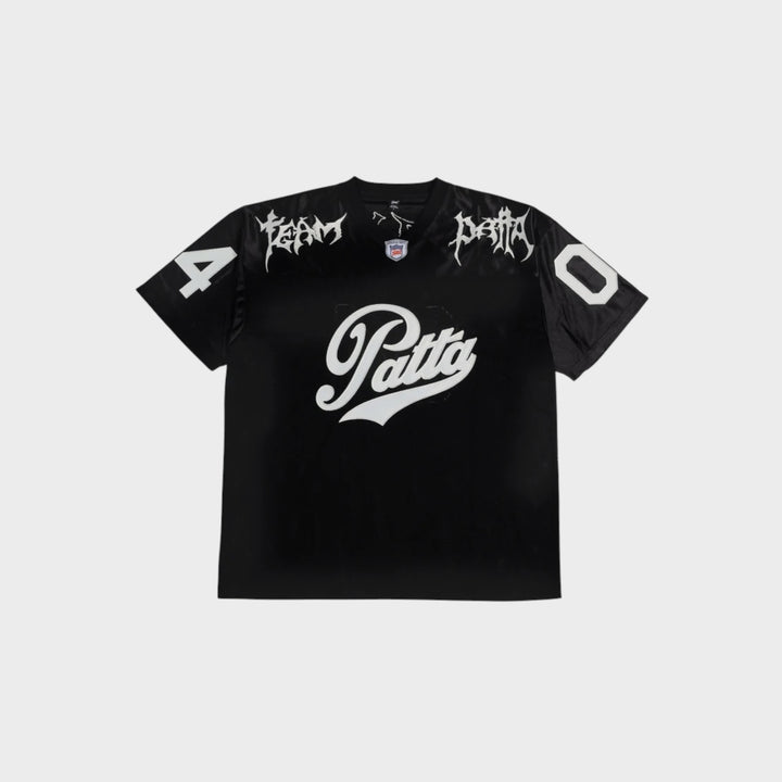 Patta American Football Jersey i Sort set forfra med Patta Script-logo og football-detaljer

