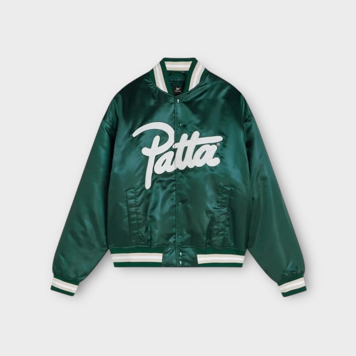 Patta Script Logo Satin Varsity Bomber Jakke i grøn set forfra
