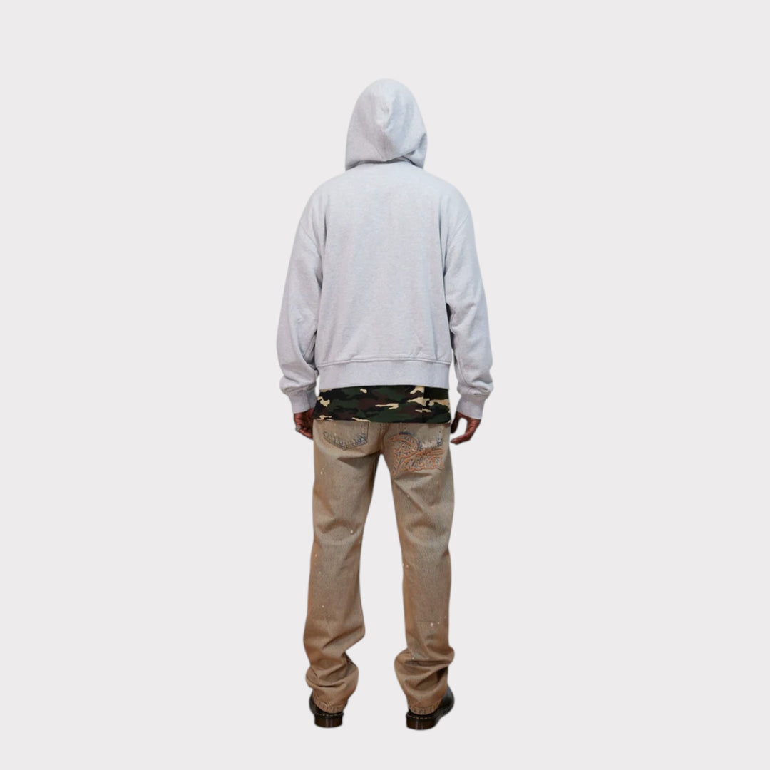Patta Waffle Reversible Zip Up Hooded Sweater i Grey vist åben forfra på model