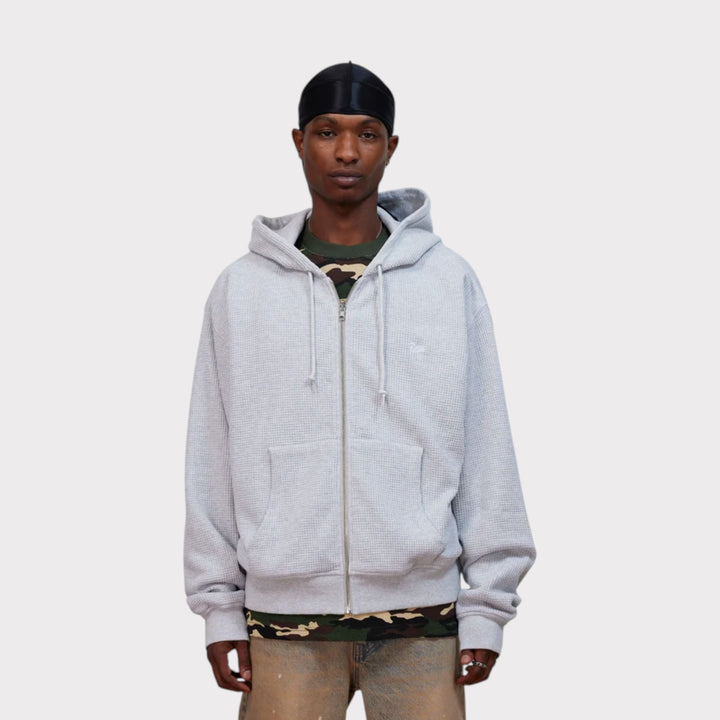 Patta Waffle Reversible Zip Up Hooded Sweater i Grey vist forfra på model