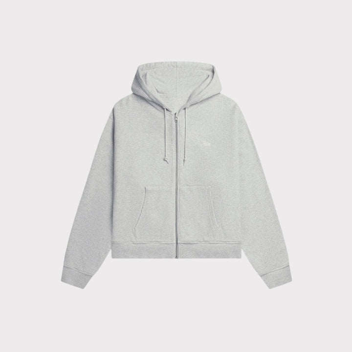 Patta Waffle Reversible Zip Up Hooded Sweater i Grey set forfra med lynlås og kangaroo-lomme