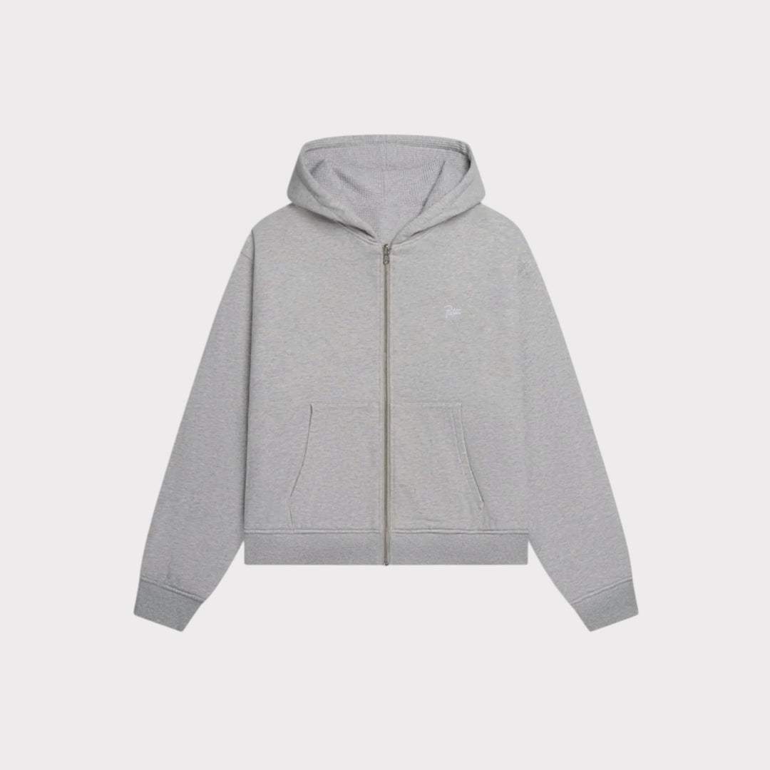 Patta Waffle Reversible Zip Up Hooded Sweater i Grey vist fra den vendbare side forfra