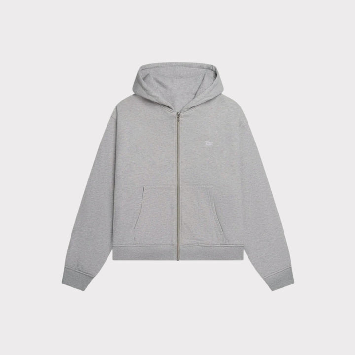Patta Waffle Reversible Zip Up Hooded Sweater i Grey vist fra den vendbare side forfra