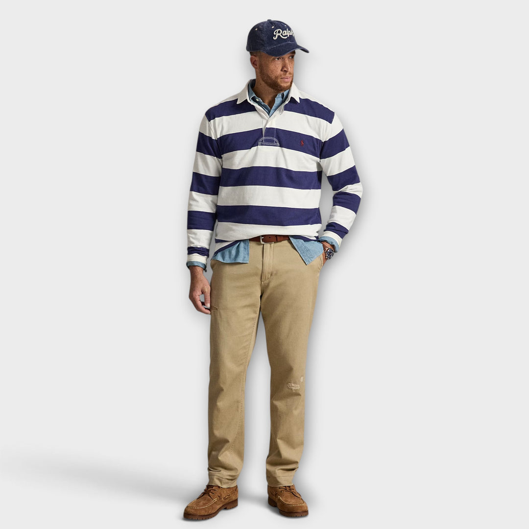 Polo Ralph Lauren rugbytrøje med blå og hvide striber.